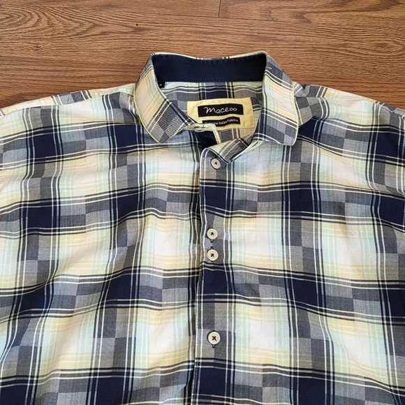Maceoo Long Sleeve Button Down Shirt Mens L Yellow Italian Plaid Geometric Print - Picture 4 of 14